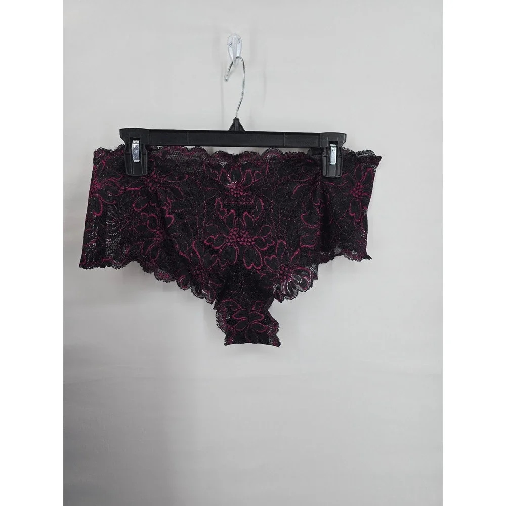 Floral Lace‎ Halter Camisole and Boyshort Panty Lingerie Set Black Magenta 1X